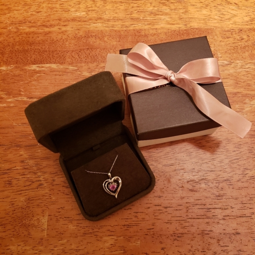 Silver Heart with Pink Gemstone Pendant Necklace